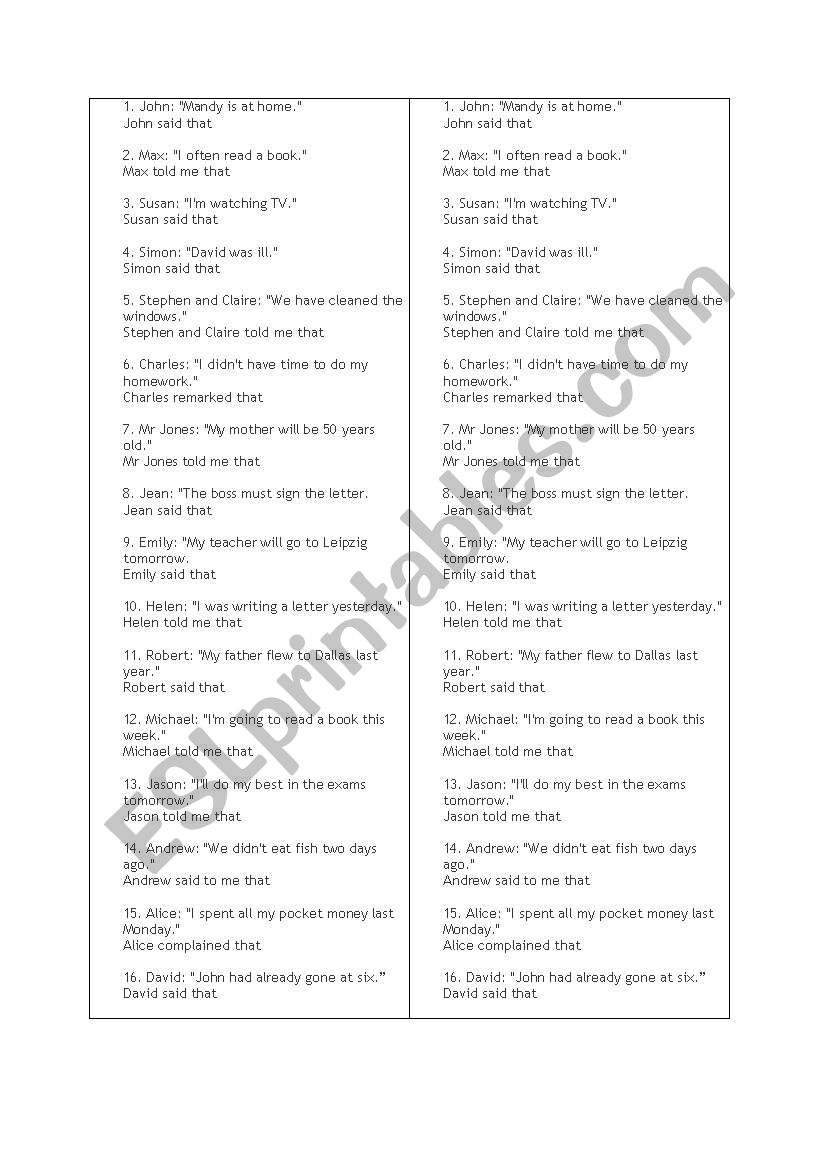 Reproted speech worksheet