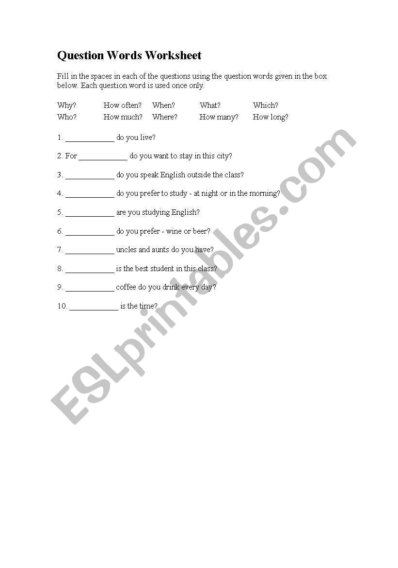 Question Words Worksheet worksheet