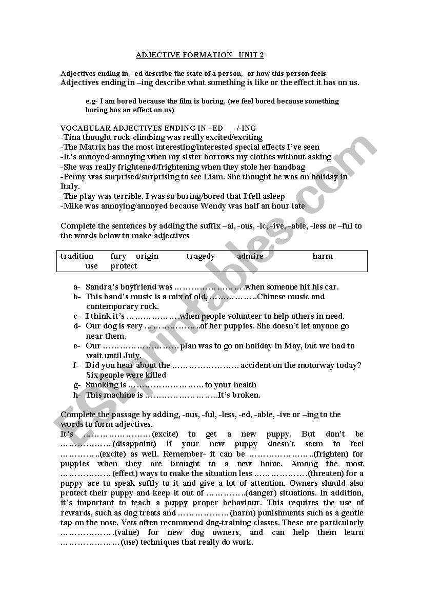 ADJECTIVE FORMATION -ED/-ING worksheet