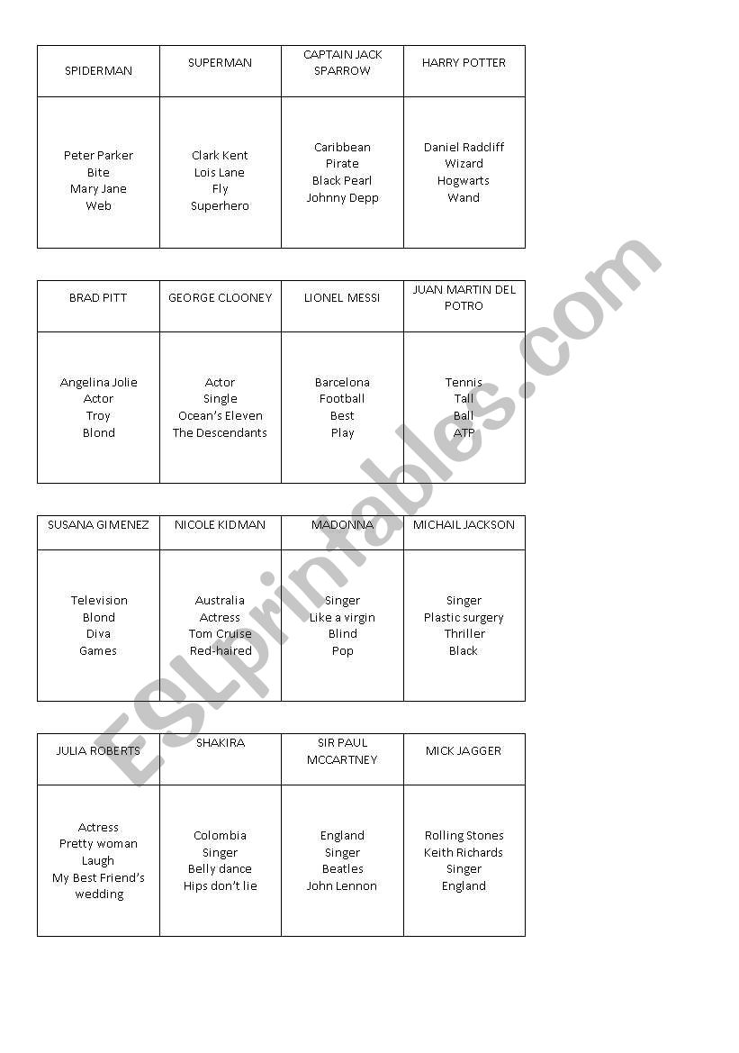 Celebrity Taboo worksheet