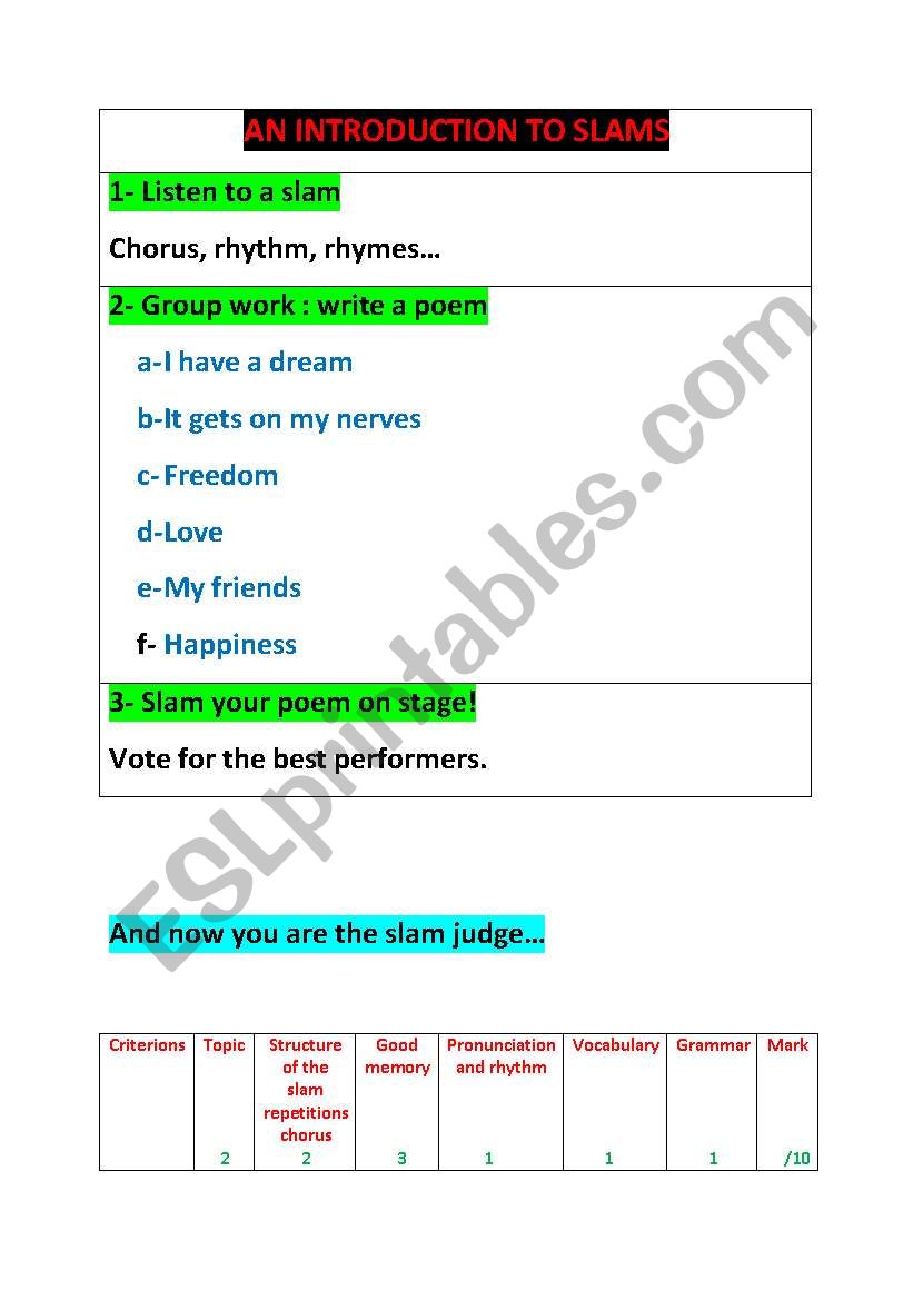 An introduction to slams worksheet