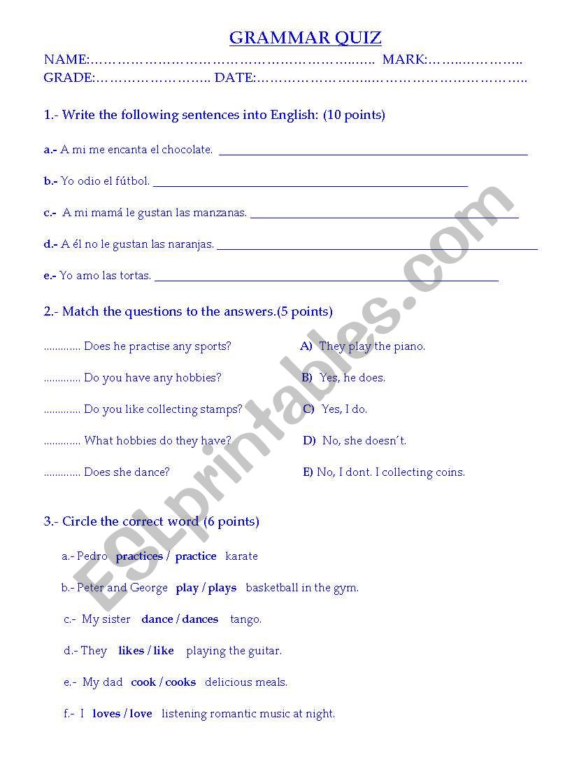 grammar worksheet