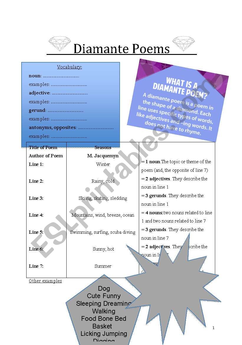 Diamonte poem worksheet