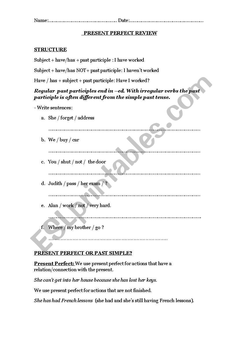 Present Perfect grammar worksheet