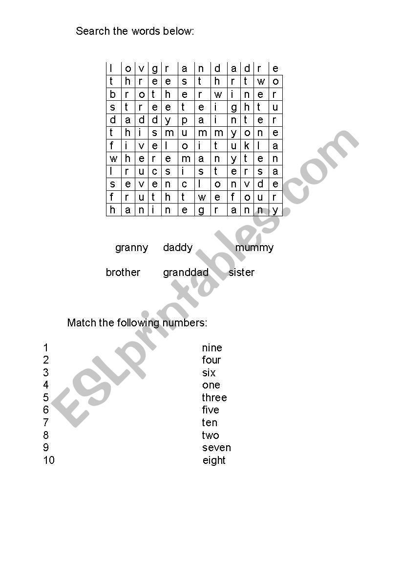  family and numbers worksheet