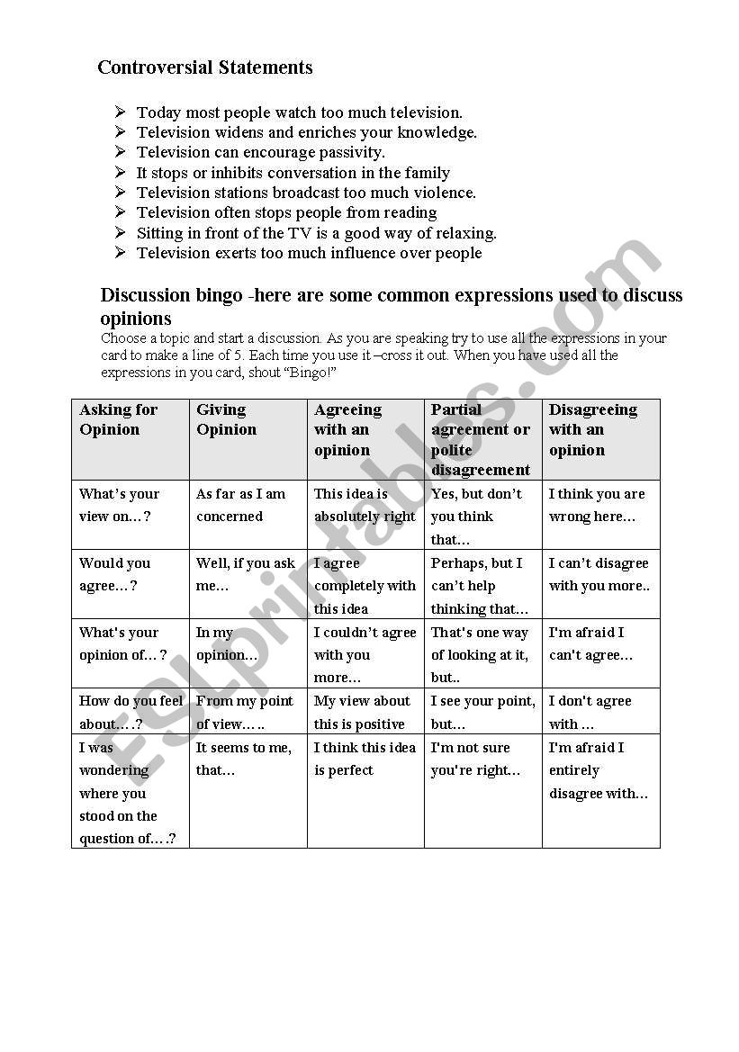 Controversial Statements worksheet