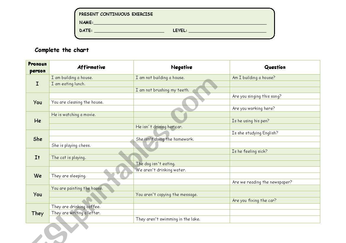 Present Continuous Exercise worksheet