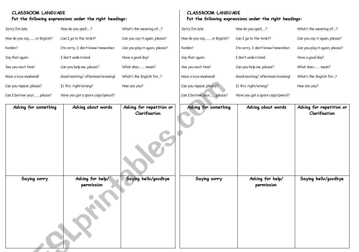 CLASSROOM LANGUAGE worksheet