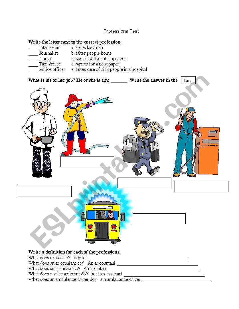 Professions Test worksheet