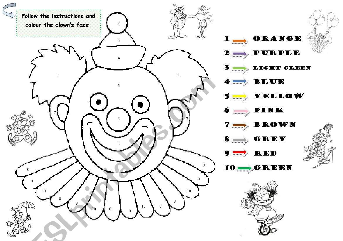 The clown´s face. Vocabulary: Colours. - ESL worksheet by bosc