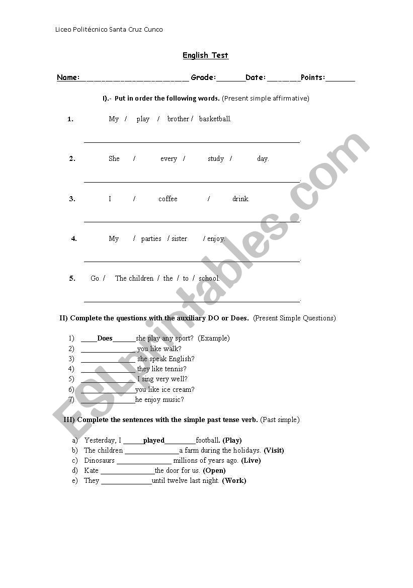 Present and past simple test worksheet