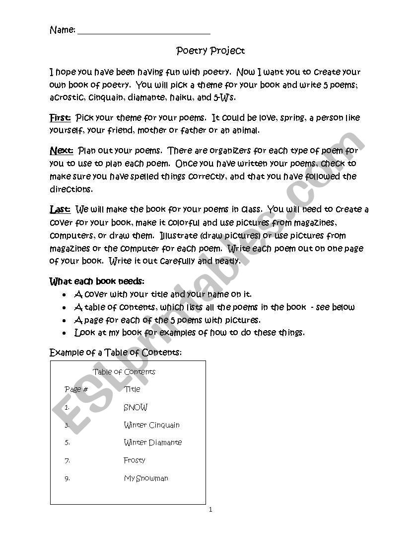 Poetry Project worksheet