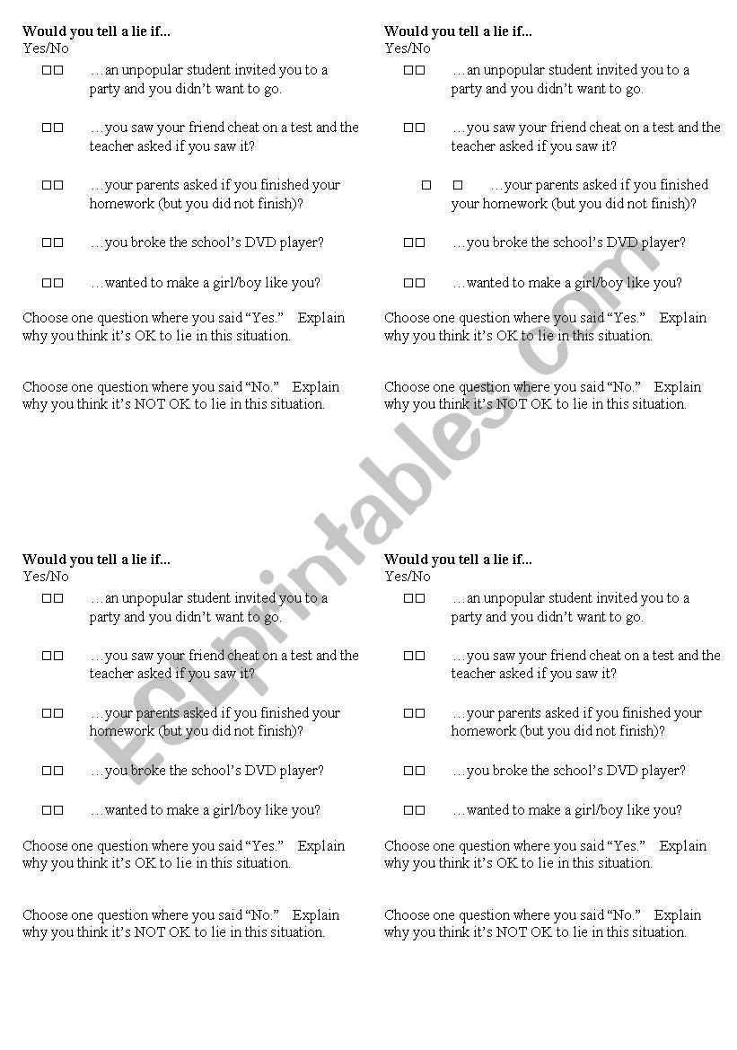 Would you tell a lie if...? worksheet