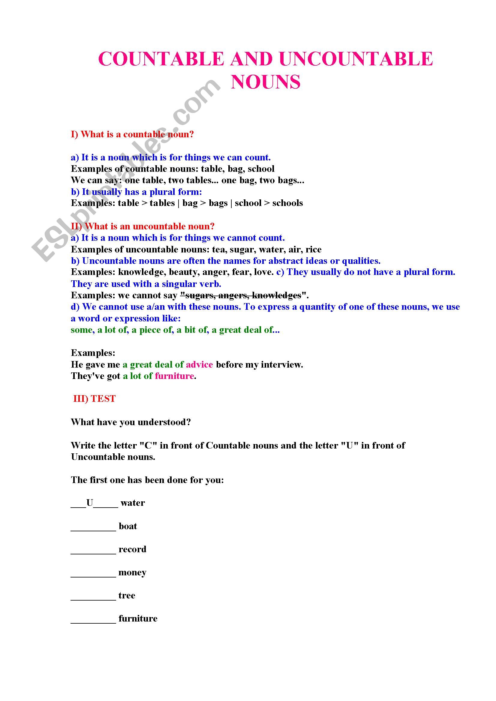 count/uncount nouns worksheet