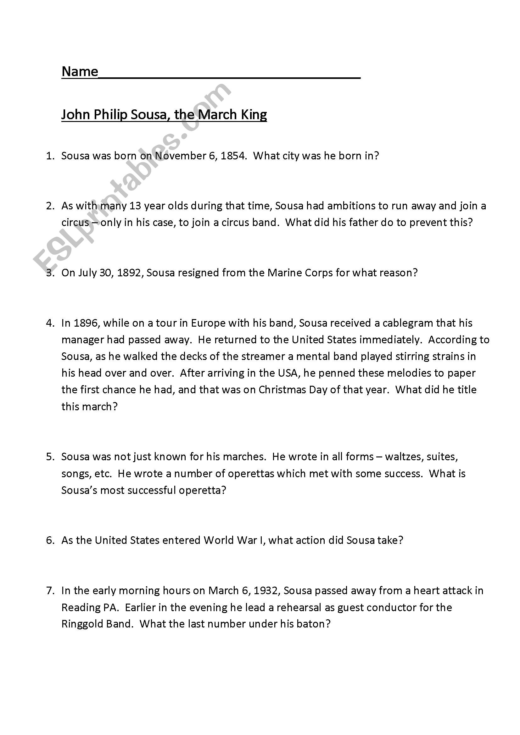 John Philip Sousa worksheet