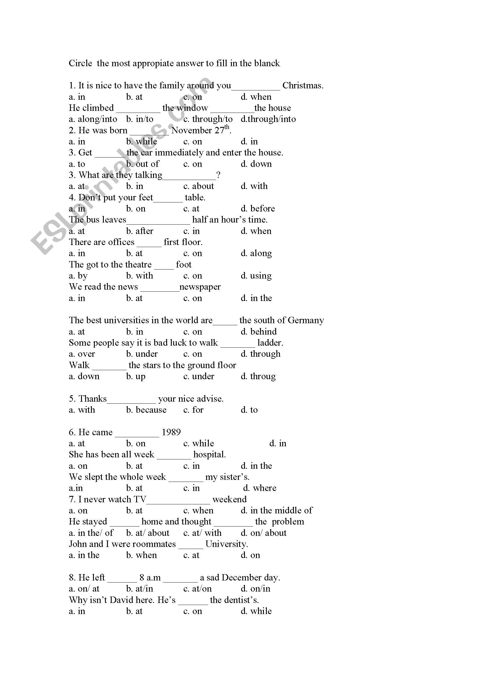 multiplechoice printable worksheet