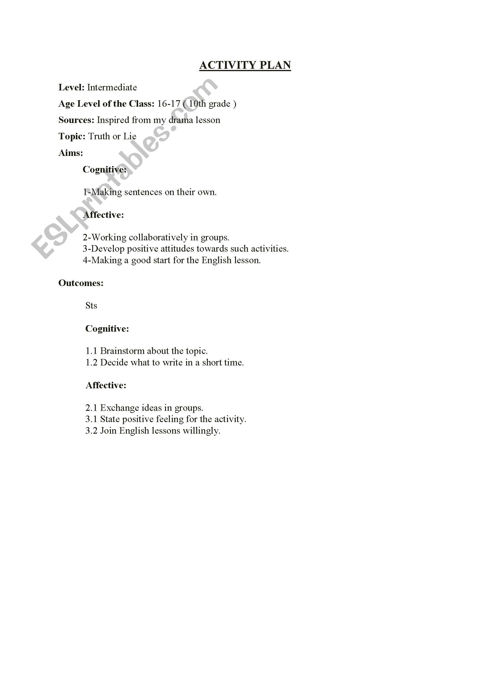 warm-up plan (truth or lie) worksheet