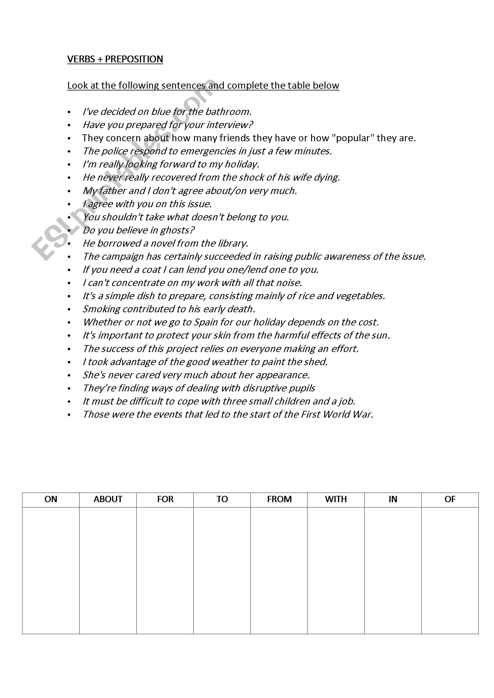 VERBS+PREPOSITION worksheet