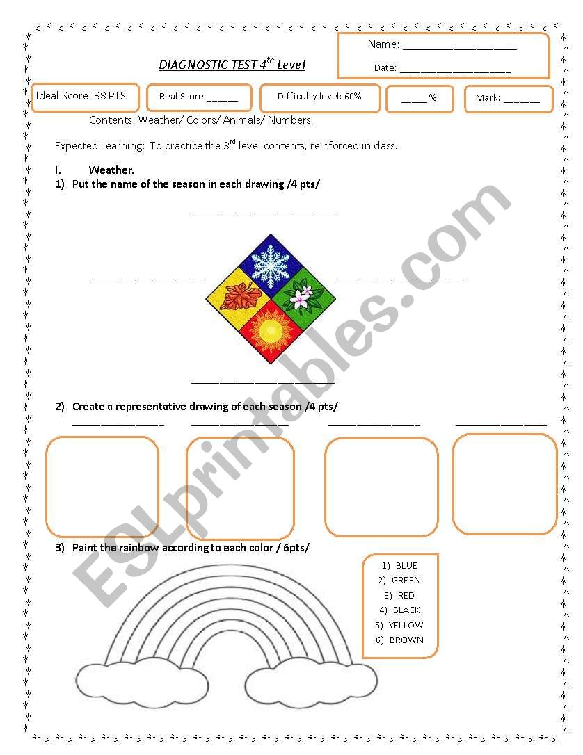 diagnostic test. worksheet