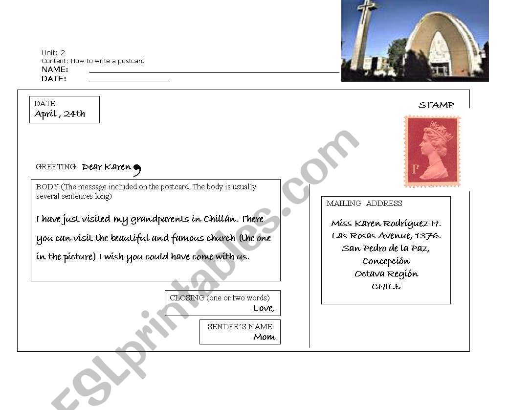 Writing a postcard worksheet