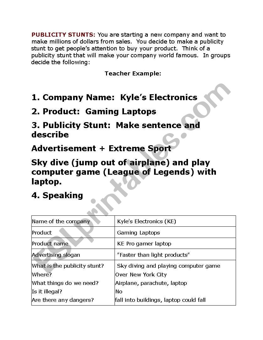 Publicity Stunt worksheet