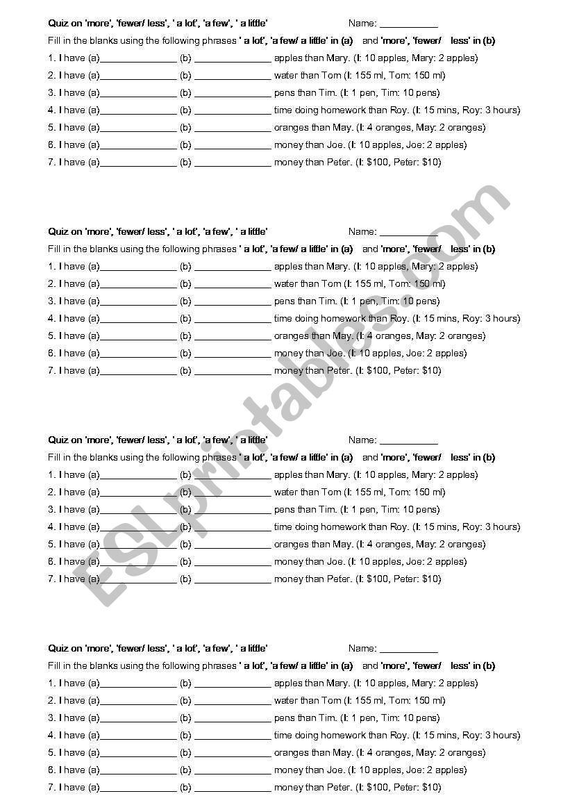 comparing amounts worksheet