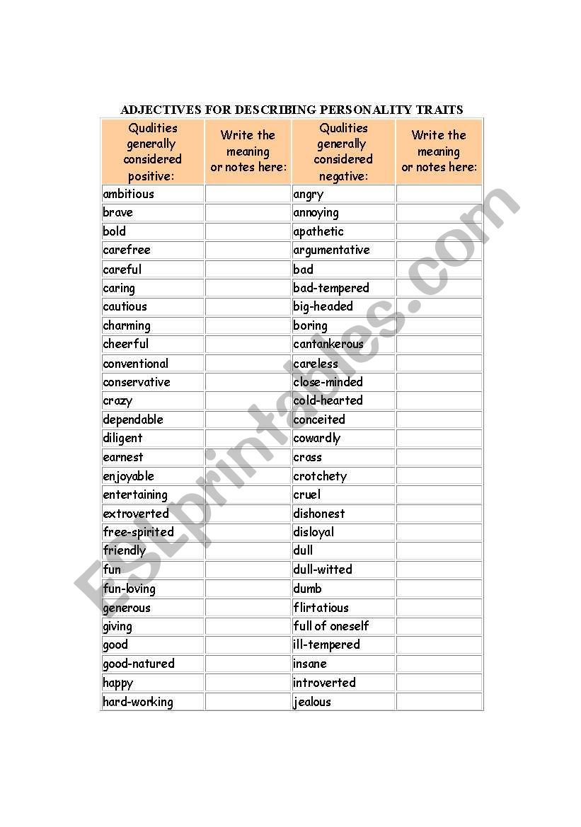 adjectives for physical and personality description