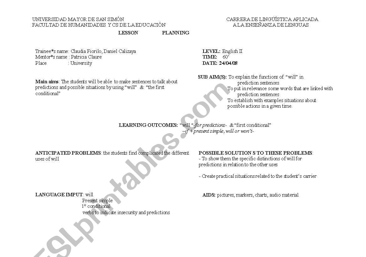 will for predictions lesson plan 