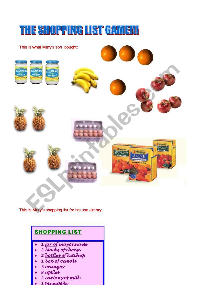 The shopping list worksheet