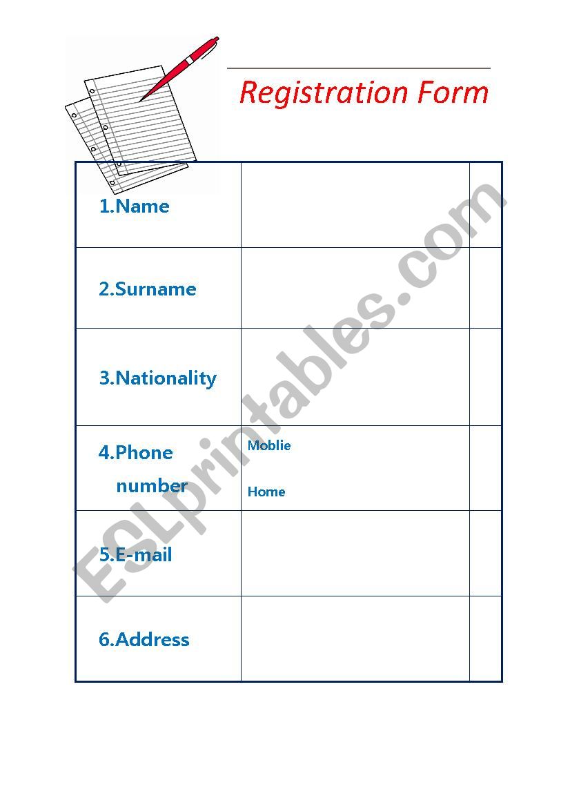 Personal information form worksheet