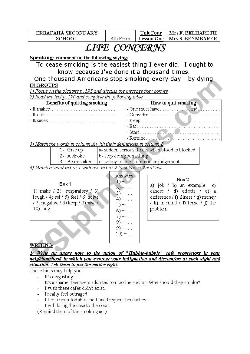 smoking worksheet