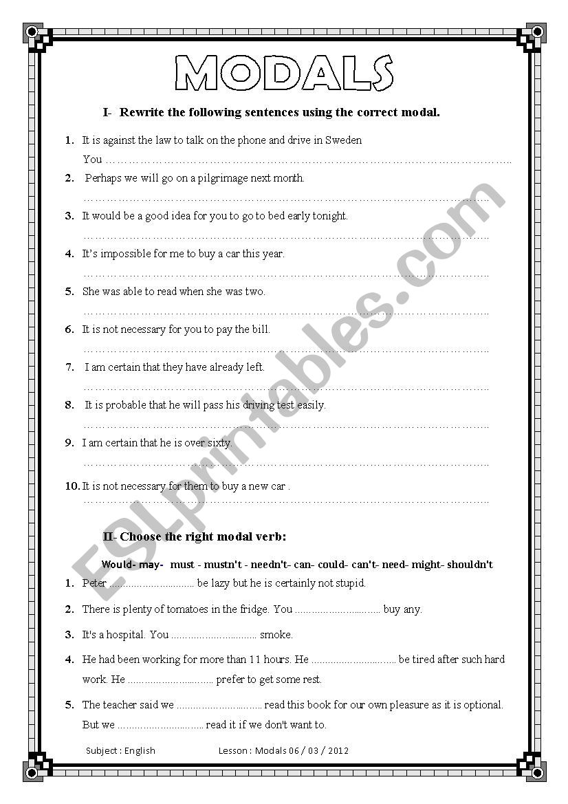 Modals  worksheet