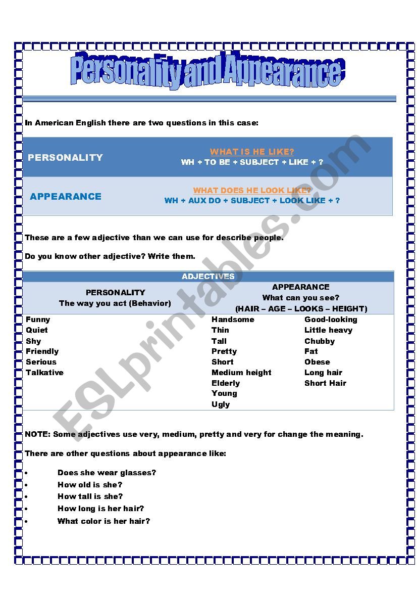 Personality and Appearance worksheet