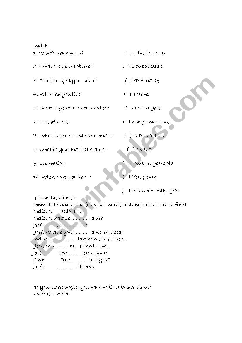 personal information activity worksheet