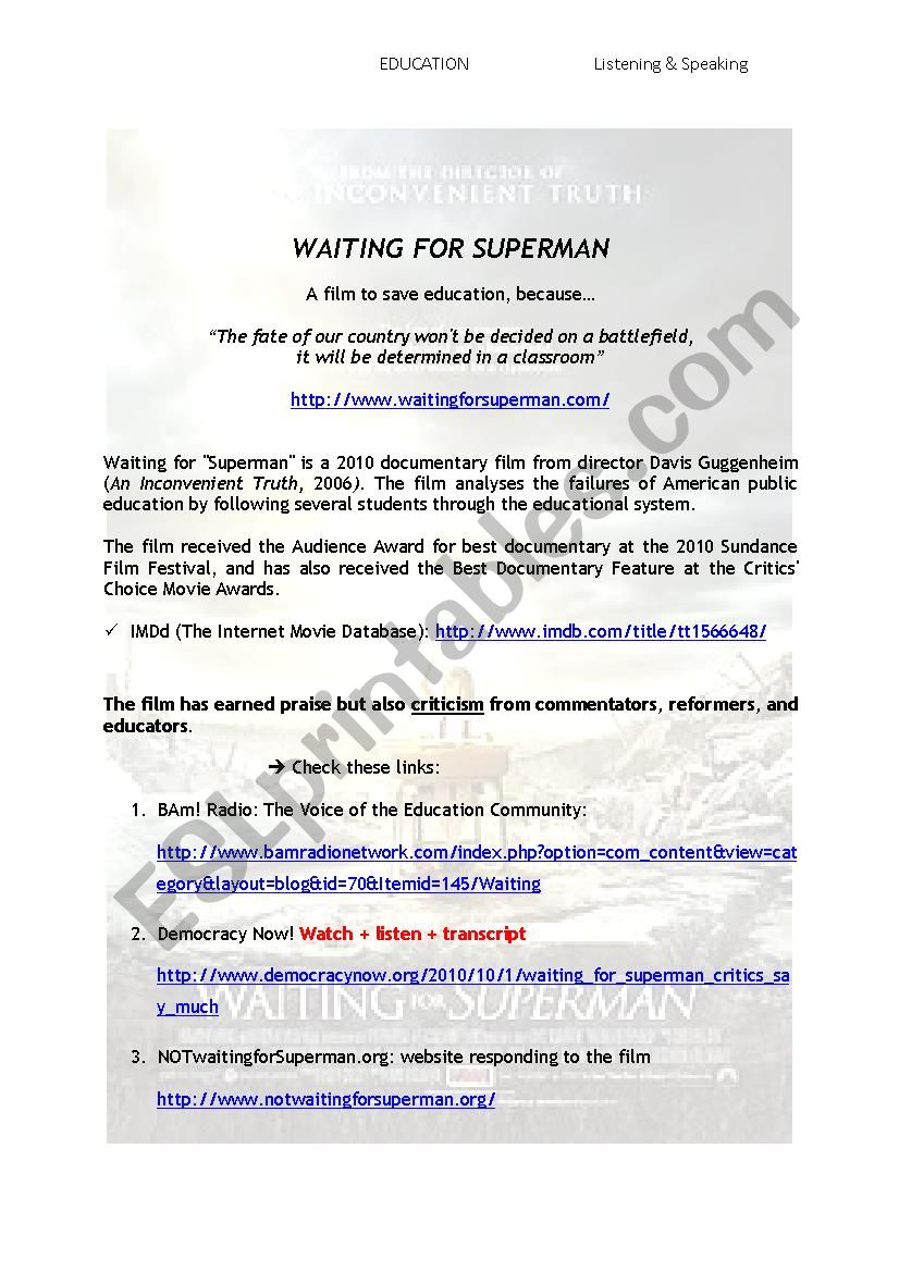 Education At Debate Documentary Waiting For Superman Esl Worksheet By L M G