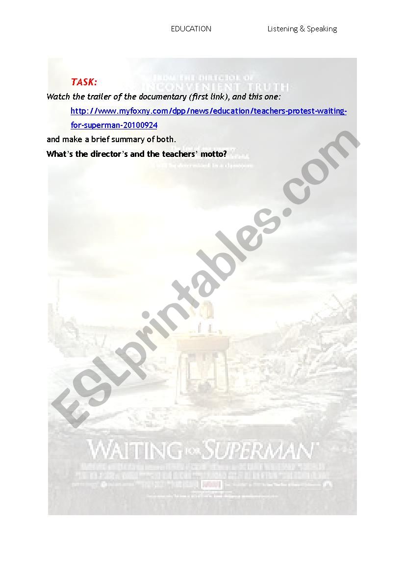 Education At Debate Documentary Waiting For Superman Esl Worksheet By L M G