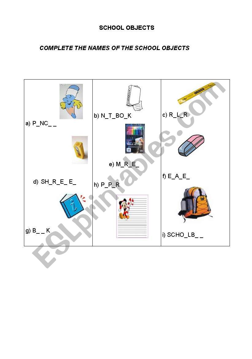 SCHOOL OBJECTS worksheet