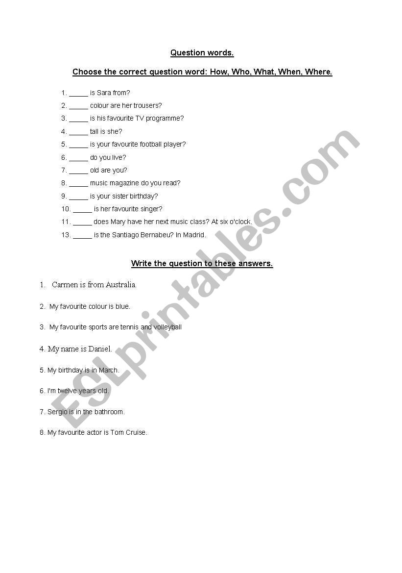 Question words worksheet