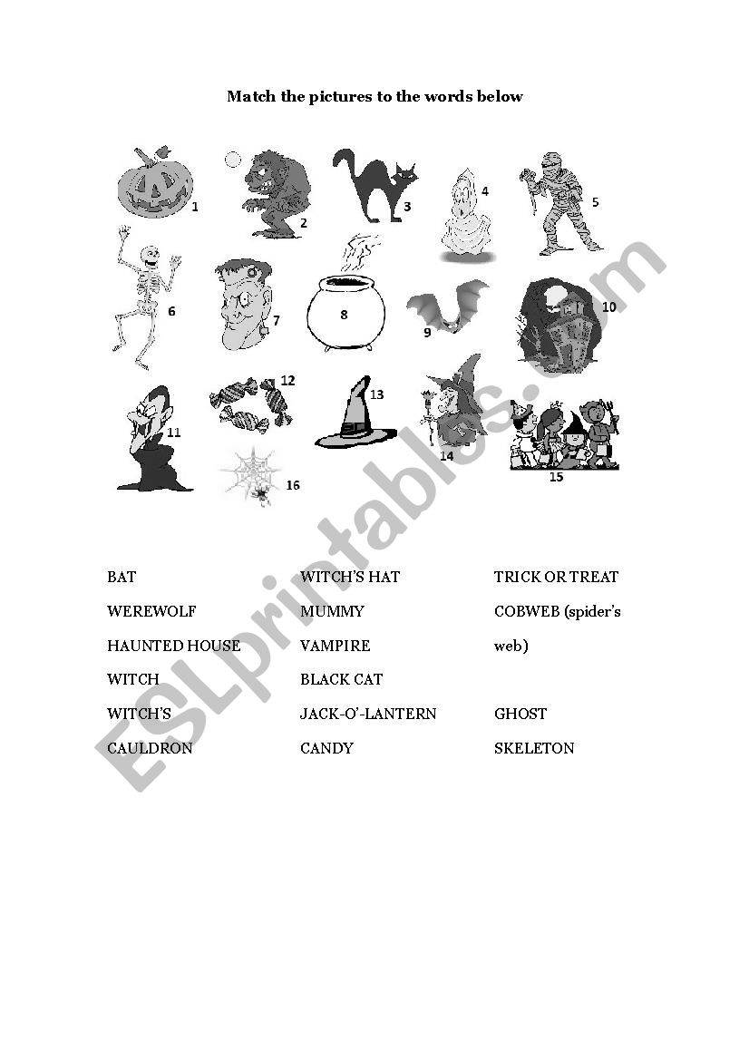 Halloween match exercise worksheet