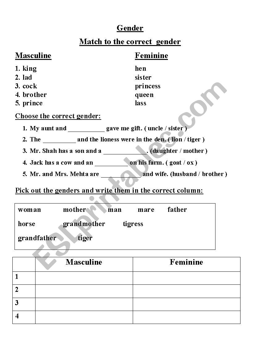 noun gender esl worksheet by preetichheda