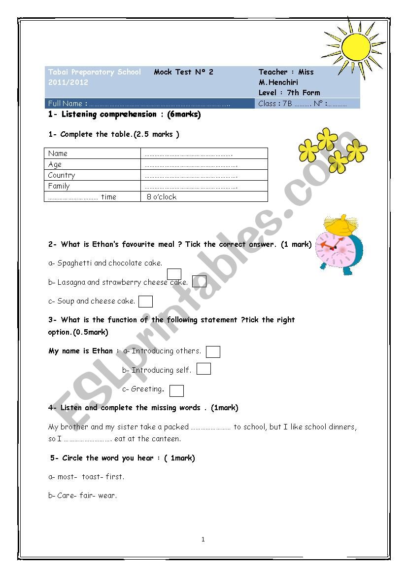 Mock Test N° 2 - ESL worksheet by monaH