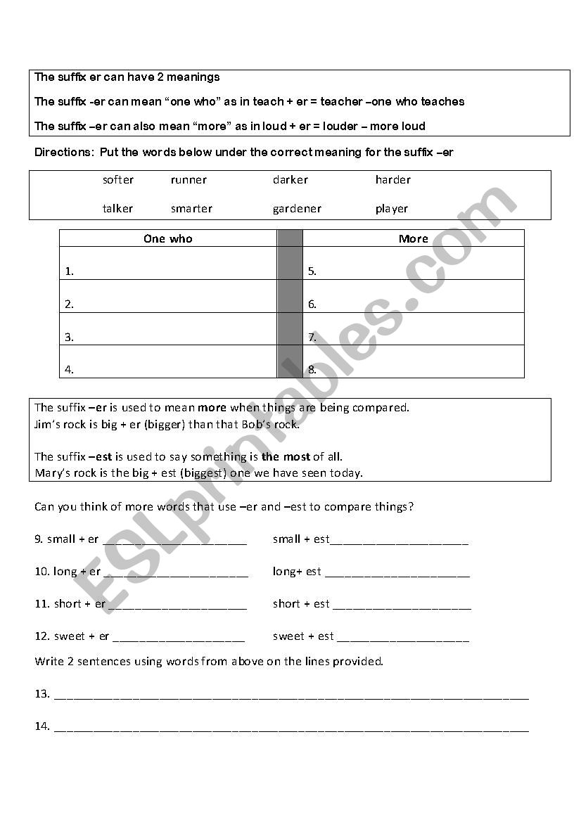 English worksheets: Suffix er and est