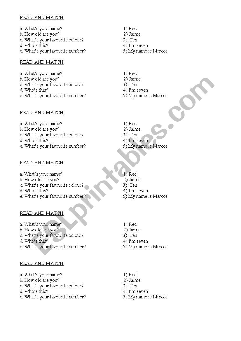READ AND MATCH worksheet