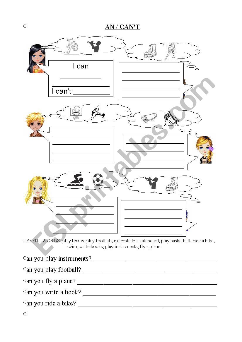 Can, cant + short answers worksheet