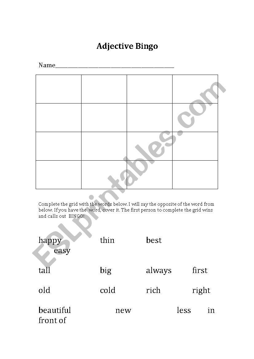 Adjective Bingo worksheet