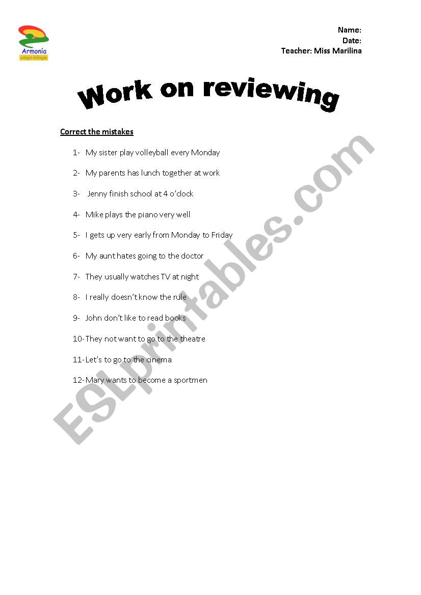 Correct the mistakes worksheet