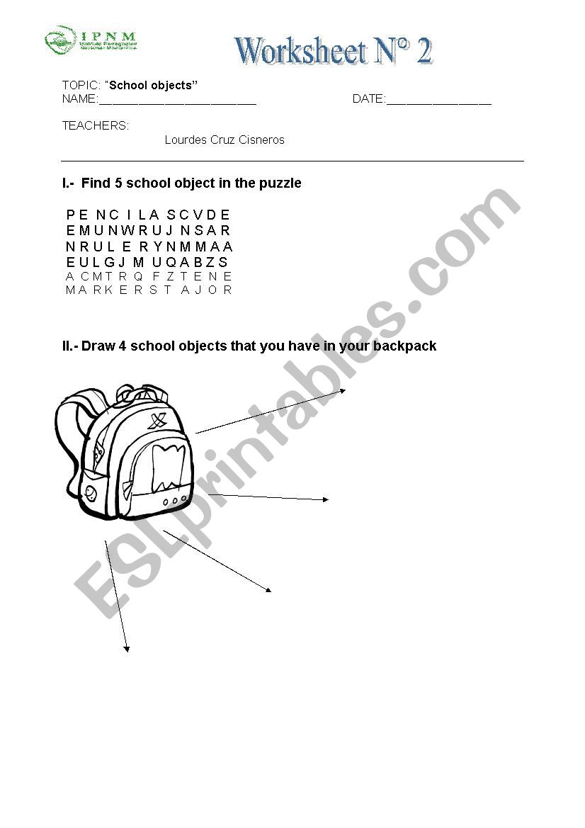 school objects worksheet