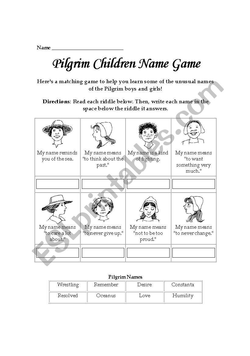 Pilgrim Children - Name Game worksheet