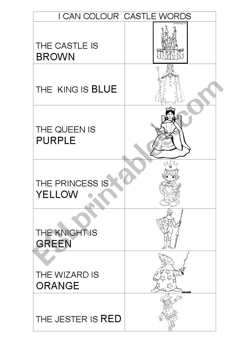 I can colour castle words worksheet