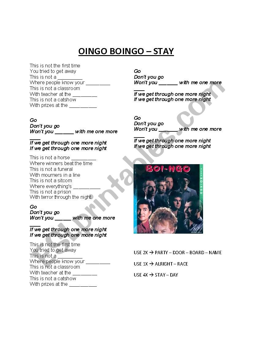 STAY - OINGO BOINGO worksheet